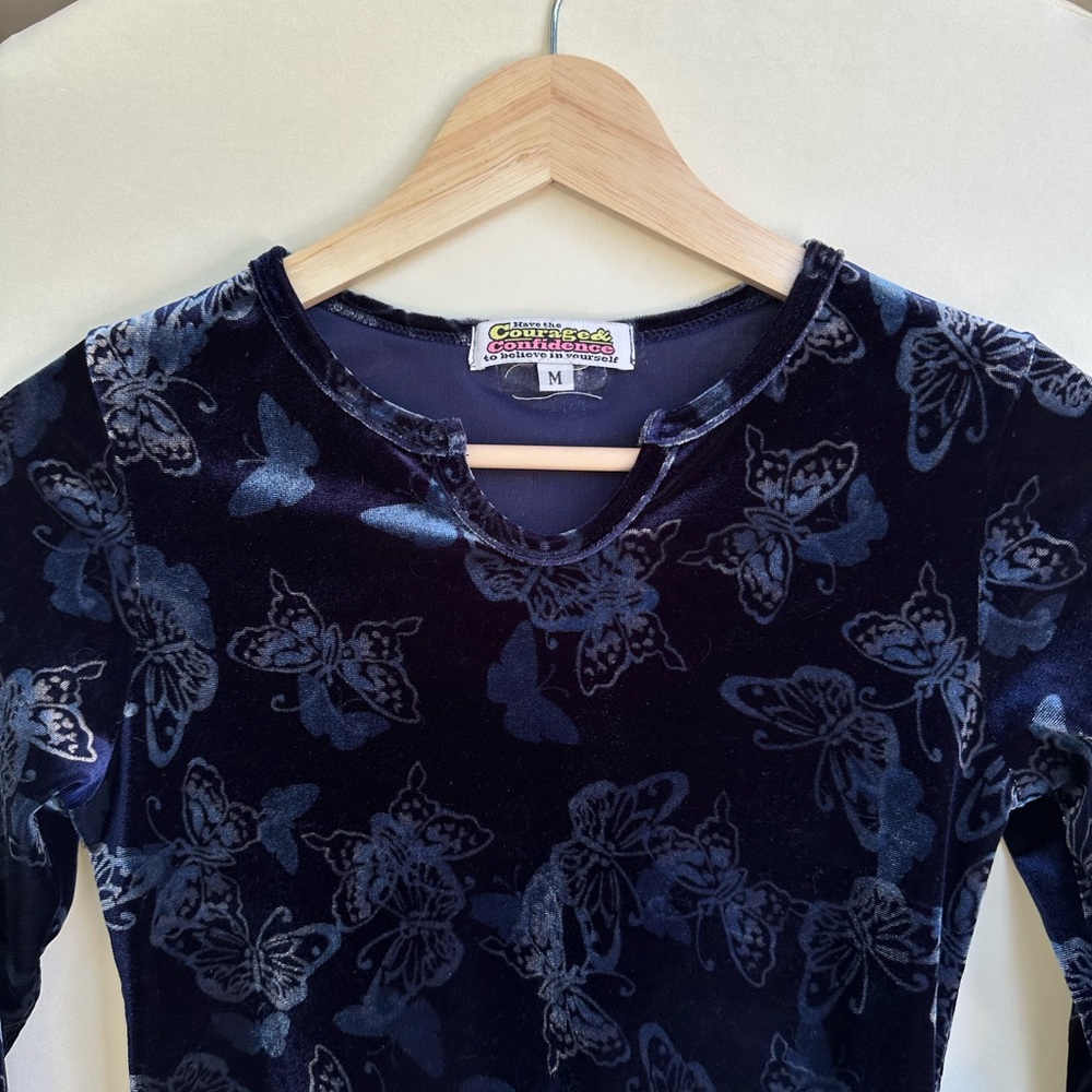 Vintage Y2K Velvet Stretch Butterfly Notch Neck Crop Top - Picture 4 of 6